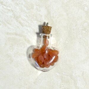 2/20$, Small Glass Heart Bottle Pendant + Tiny Genuine Peach Moonstone Cabochons